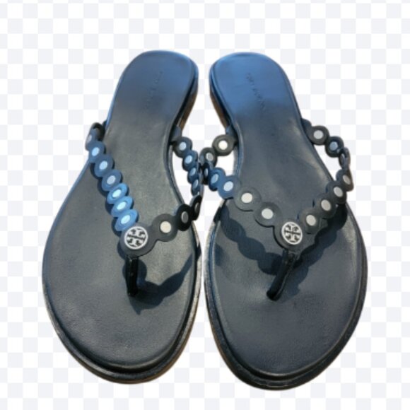 Tory Burch Benton Scalloped Thong Toe Black Leather Sandals - Picture 1 of 12